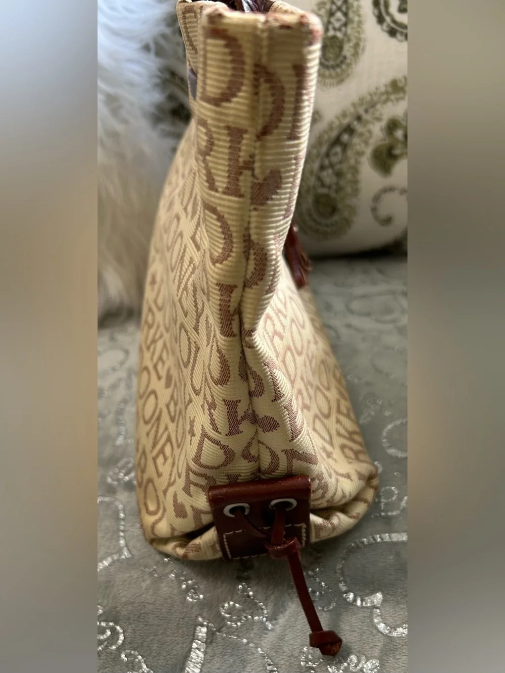 NEW  & Bourke Small Tassle Tan and Brown Logo Jacquard Tote with Leather Trim